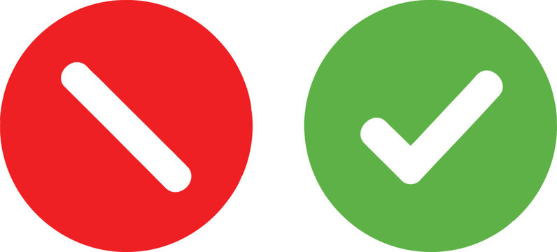 A red circle with a white diagonal line and a green circle with a white checkmark side by side. Vector