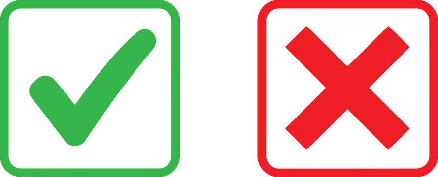 A pair of square icons featuring a green check mark for success and a red cross for failure sign Vector