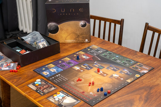 Tallinn, Estonia - March 29, 2026: Dune Imperium board game by Legendary Entertainment and Dire Wolf. Strategy tabletop game based on Dune franchise.