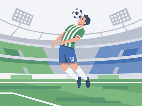 Soccer Player Heading Ball in Stadium.