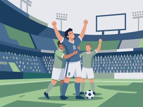 Soccer players celebrating a victory on the field.