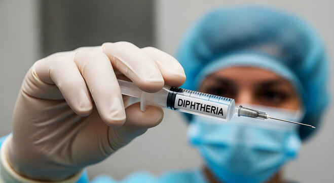 Medical professional holds syringe with diphtheria vaccine in sterile environment injection