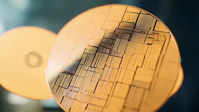 Silicon wafer featuring numerous integrated circuits, symbolizing advanced technology, data processing, and miniature electronics in a high tech manufacturing environment