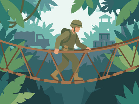 Soldier crossing rope bridge in dense jungle.