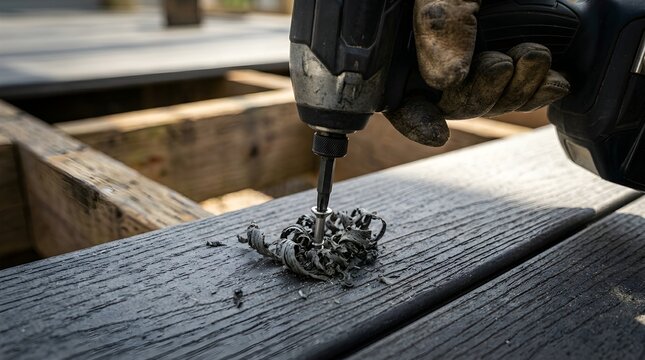 Professional Contractor Using Power Drill on Composite Deck Board, Outdoor Living Construction Concept
