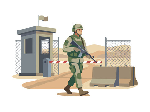 Soldier Guarding Military Checkpoint in Desert Landscape.