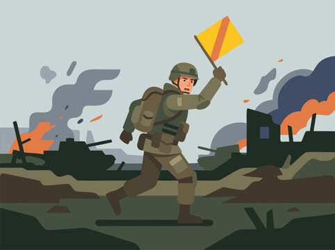 Soldier running with flag in war zone.