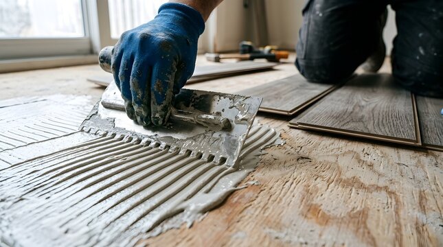 Flooring Installer Applying Adhesive to Subfloor for LVP Plank Installation, Home Renovation Concept