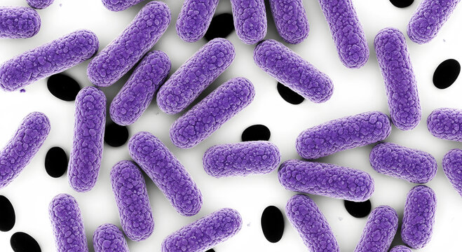 Microscopic view of purple rod shaped bacteria with black oval shapes image