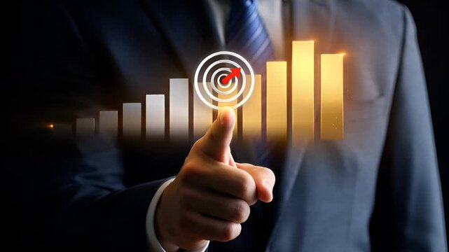 Businessman pointing to a target with a finger and a graph