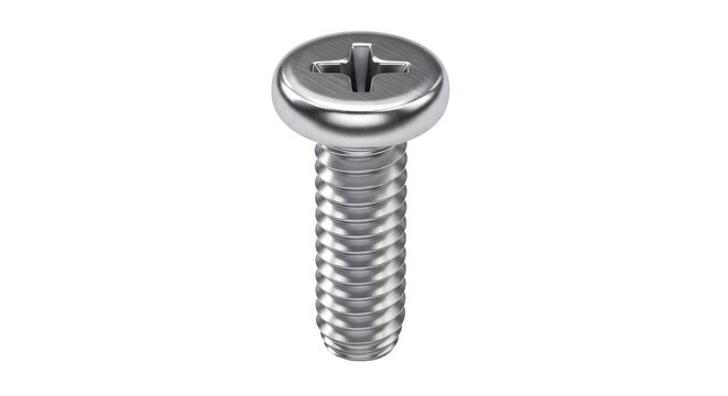 Steel Phillips Head Screw Isolated on White &mdash; 3D render of shiny chrome metal pan head screw with cross drive on white background, hardware concept.