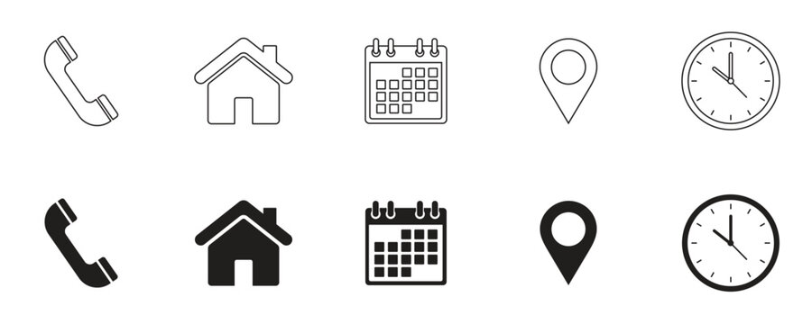Interface icon set. Phone receiver, home, location pin, clock and calendar elements form a clean contact vector illustration, Call and visit planning sign.