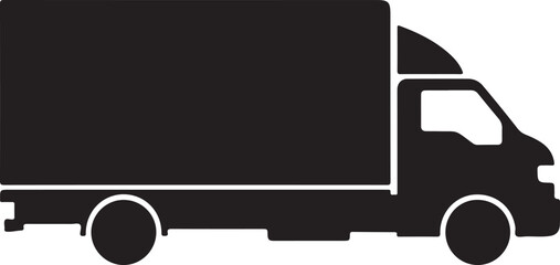 Black truck silhouette, delivery van icon, cargo vehicle, transportation symbol © MF