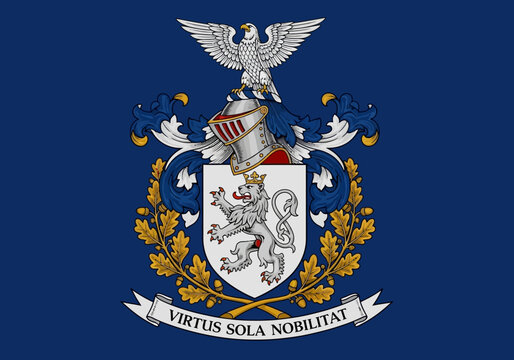 Classic Heraldic Coat of Arms with Rampant Lion, Eagle Crest, and Knight Helmet on Blue Fabric - Virtus Sola Nobilitat Emblem