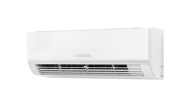 Modern White Wall-Mounted Split Air Conditioner Unit. Compact mini-split AC system for home cooling.