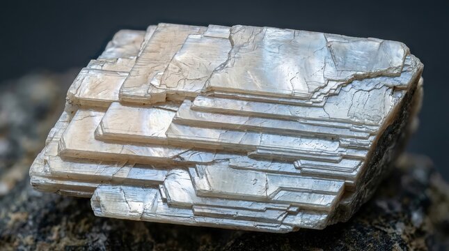 Macro Close-Up of a Layered Muscovite Mica Crystal Specimen with Pearly Luster