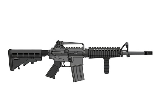 Tactical Assault Rifle Illustration, Modern M4 Carbine Firearm Side Profile Isolated on White Background