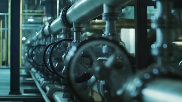 Industrial pipes, interconnected with metal flanges and large valve wheels, are seen inside a modern factory, representing manufacturing, engineering, and processes