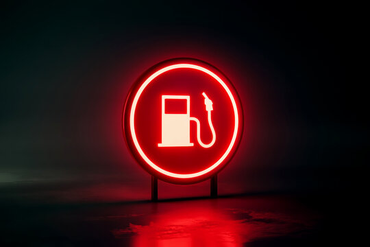 Glowing red fuel warning icon with petrol pump symbol in dark minimal background representing energy crisis, low fuel alert and rising gas costs