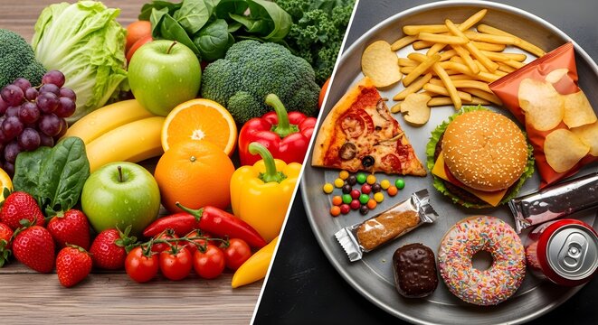 Diagonal comparison image contrasting vibrant fruits and vegetables on one side with burger, fries, pizza slice, soda, donuts, chips and candy on the other, highlighting the health impact of whole foo