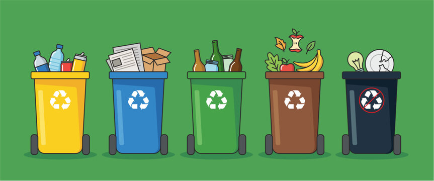 Set of five colorful recycling bins with waste types for garbage sorting guide