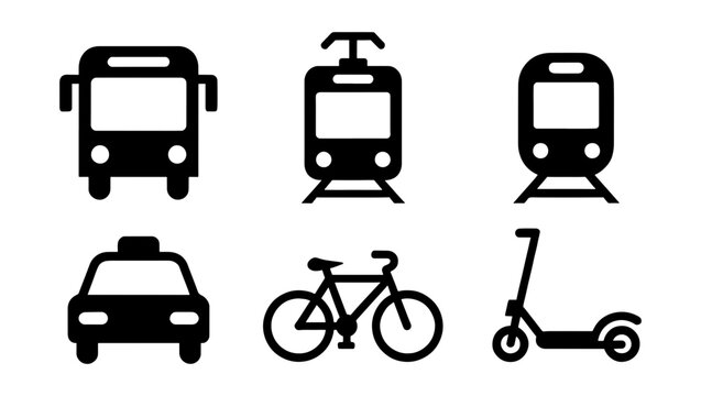 Public transportation icon set with 6 black vector elements, urban transit symbols for bus, train, taxi, bicycle and scooter, city travel signs