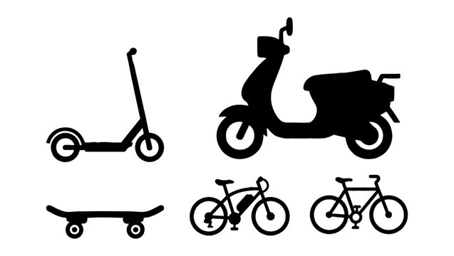 Urban micro-mobility vehicle silhouettes set, electric scooter and moped icons, bicycle and skateboard vector graphics for city transport