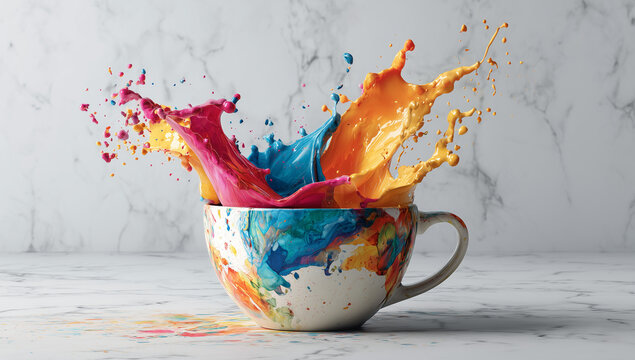 Porcelain coffee cup with colorful paint splash explosion representing creative energy and artistic startup ideas for Easter
