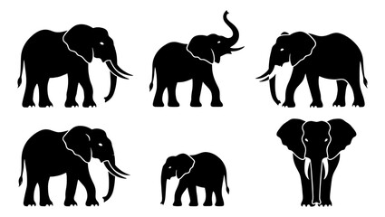 African elephant silhouette collection, 6 black animal vector icons, wild elephant family in various poses, safari wildlife graphic set © Emon