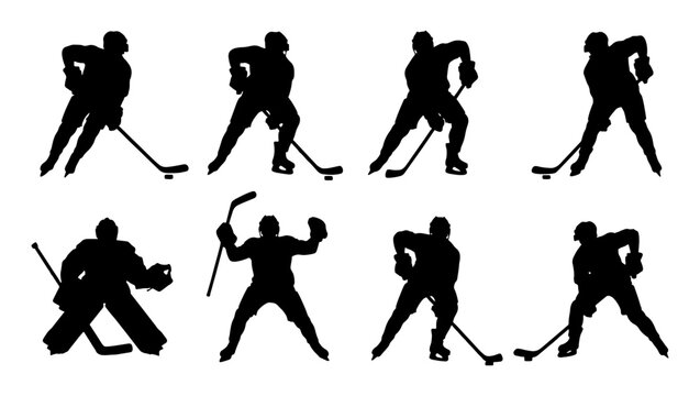 Ice hockey player silhouettes set, 8 vector athlete figures in action poses, professional hockey goalie and skater icons for sports design