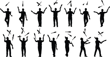 Juggling silhouette collection, circus performer tossing clubs set, entertainment show poses, black vector illustration isolated on white background © Md