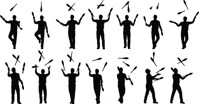 Juggling silhouette collection, circus performer tossing clubs set, entertainment show poses, black vector illustration isolated on white background