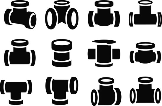 A set of black pipe fitting icons on a light gray background