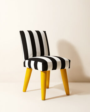 A black and white striped chair with yellow legs against a plain white wall, circus inspired maximalist interior design