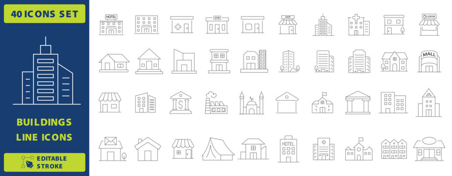 Modern buildings line icons set, 40 thin stroke architectural vector elements, urban real estate and city infrastructure symbols for web design