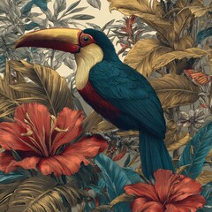 Naklejka premium Retro 1950s Hawaiian Tiki Bar Style Illustration Featuring a Tropical Bird Surrounded by Colorful Leaves and Flowers