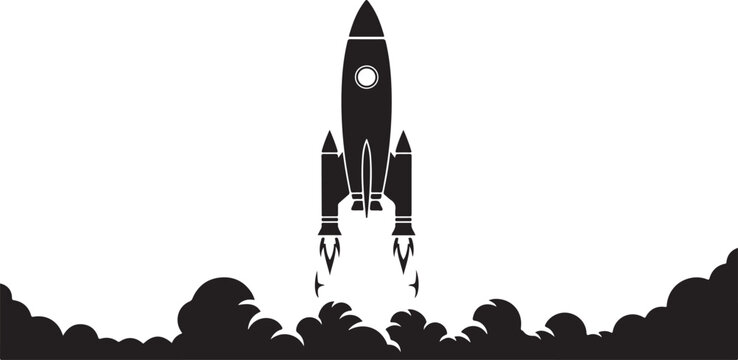 Rocket launch, space exploration, black silhouette, vector icon, astronomy