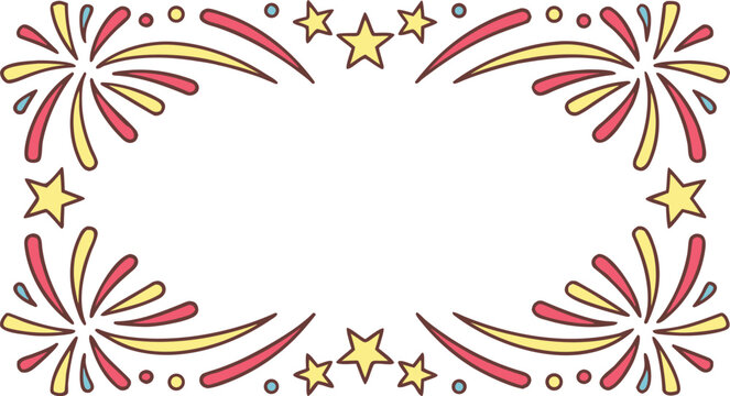 Cartoon style fireworks frame with colorful borders and stars