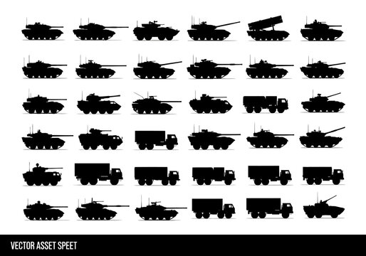 Large Collection of 36 Military Vehicle Silhouettes including Tanks, Armored Personnel Carriers, and Army Trucks