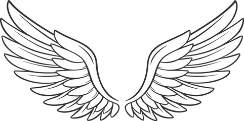 Fototapeta premium Black outline of angel wings with thin smooth lines wing outline black and white