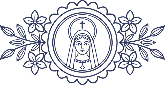 Catholic virgin mary with floral border and sacred cross