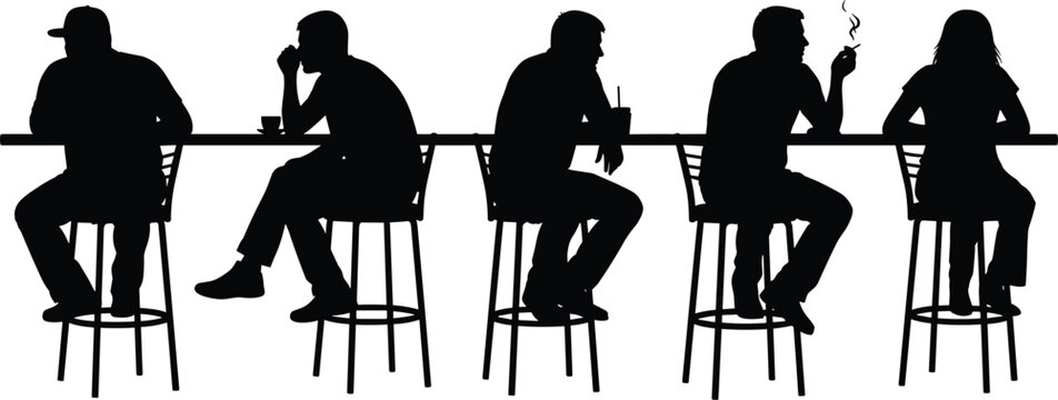 People sitting at bar counter silhouettes, cafe scene, men and women drinking coffee, smoking, social interaction, isolated on white background