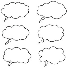 Obraz premium Set of six cloud shaped comic speech bubbles on transparent background for thinking.