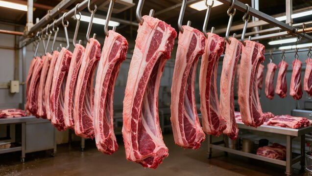 Rows of large beef rib carcasses hanging from hooks in an industrial cold storage facility highlighting the processes of meat aging large-scale production and the rigorous standards of the food indust