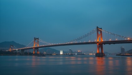 Fototapeta premium Golden Gate Bridge at Dusk with City Skyline Reflections – Iconic San Francisco Landmark Over Calm Bay Waters, Scenic Suspension Bridge with Illuminated Lights, Travel Destination Landscape