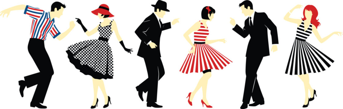 Retro dancing couples collection, vintage fashion people set, 1950s style men and women, colorful vector illustration, swing dance characters isolated on white background