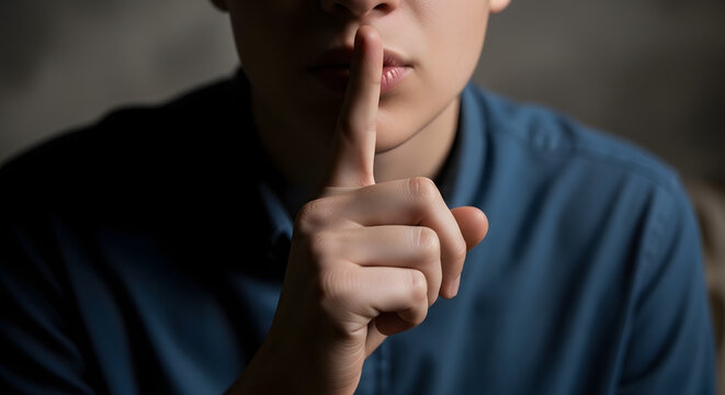 Man with finger on lips gesture, secretive expression, dark background .Generated-AI