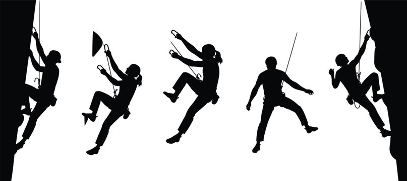 Rock climbing people silhouettes collection, climbers rappelling and ascending on ropes, extreme sport adventure activity isolated on white background illustration