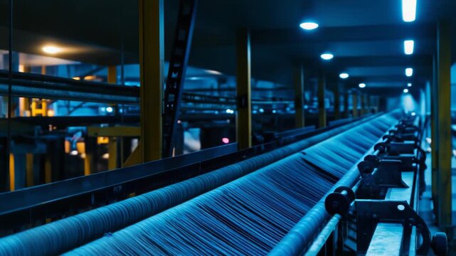 Spools of blue thread running through an automated weaving machine, creating fabric in a large scale industrial manufacturing facility with modern equipment