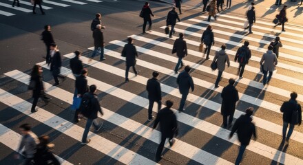 Obraz premium Aerial view of crowd of people walking across zebra crossing in city with motion blur and warm sunlight casting long shadows urban life and rush hour concept